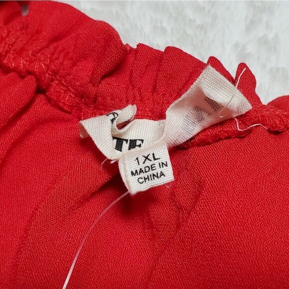 HAUTE Curve Cherry Red Off-Shoulder Smocked Frill Tie Plus Size Mini Dress 1X - Picture 8 of 14